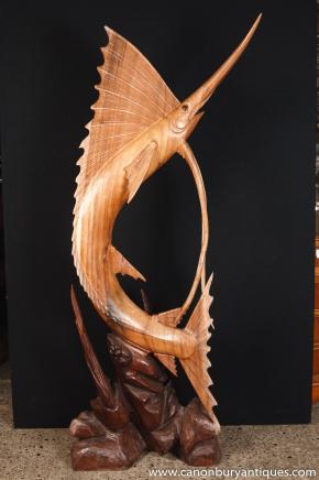 Large French Hand Carved Marlin Fish Statue Sculpture